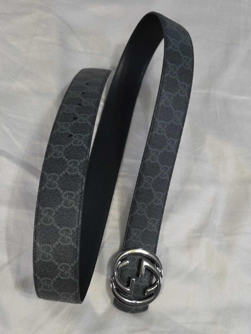Gucci Reversible Gray Monogram GG Leather Belt with Silver Double G Buckle